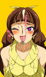 :d absurdres amanogawa_kirara bangs bare_shoulders blunt_bangs blush bow breasts brown_hair cardigan cleavage clothing cum earrings ejaculation faceless_male female go!_princess_precure hairbow highres jewelry long_hair medium_breasts one_eye_closed open_mouth precure pretty_cure smile star star_earrings vu-hakase