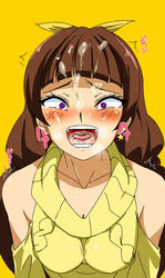 absurdres amanogawa_kirara bangs bare_shoulders blunt_bangs blush bow breasts brown_hair cardigan cleavage clothing cum cum_in_mouth cum_on_hair earrings facial female go!_princess_precure hairbow highres jewelry long_hair medium_breasts open_mouth precure pretty_cure star star_earrings tongue vu-hakase