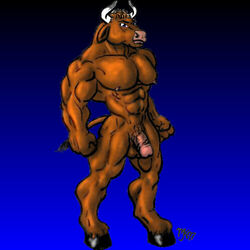 1990s 1997 20th_century abs biceps blue_background bovine cattle gradient_background hooves male_only mammal minotaur muscular muscular_arms nude pecs penis simple_background sudonym