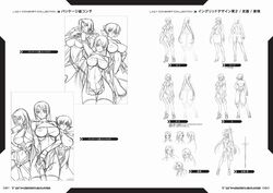 3girls artbook ass axe back bodysuit breasts character_sheet concept_art curvy female igawa_sakura ingrid_(taimanin_asagi) kagami_hirotaka large_breasts leotard lilith-soft long_hair looking_at_viewer monochrome multiple_girls nipples no_bra nude official_art scan simple_background standing sword taimanin_(series) taimanin_asagi text thong weapon yatsu_murasaki