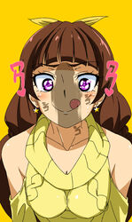 :q absurdres amanogawa_kirara bangs bare_shoulders blunt_bangs bow breasts brown_hair cardigan cleavage clothing earrings faceless_male female go!_princess_precure hairbow highres jewelry long_hair medium_breasts penis precure pretty_cure silhouette star star_earrings tongue tongue_out vu-hakase