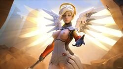 3d angel_wings artist_name big_breasts blonde blonde_female blonde_hair blue_eyes bodysuit bottomless breastless_clothes breasts breasts_out female female_only functionally_nude functionally_nude_female highres light light-skinned_female light_skin looking_at_viewer mercy nipples no_panties outdoors overwatch pale-skinned_female pale_skin pink_nipples pussy sideboob solo solo_focus watermark wings yeero