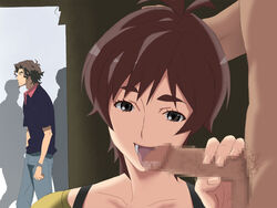 beard black_eyes brown_hair censored clothed_female_nude_male collarbone exhibitionism fellatio female female_protagonist hand_on_head highres licking looking_at_viewer looking_away male_pubic_hair masane_amaha mosaic_censoring noshiki open_mouth oral outdoors penis pubic_hair public serious short_hair standing tongue upper_body walking witchblade