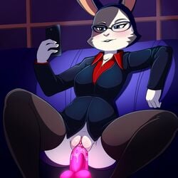 2017 anthro blue_eyes blush bottomless clitoris clothed clothing dildo female lagomorph lonbluewolf mammal ms._torres_(rimba_racer) penetration phone pussy pussy_juice rabbit rimba_racer sex_toy solo teeth vaginal_penetration