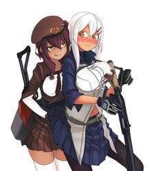 beret blush breast_grab brown_eyes dark-skinned_female dark_skin female_pervert girls'_frontline groping high_resolution m590_(girls'_frontline) medium_hair pantyhose pervert purple_eyes saiga-12_(girls'_frontline) simple_background smile tanned thighhighs tongue tongue_out weapon white_background white_hair yellow_eyes yuri