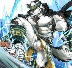 anthro armpit_hair armpits bulge canine clothing crrispy horkeukamui loincloth male male_only mammal muscular nipples penis simple_background solo tokyo_afterschool_summoners wolf