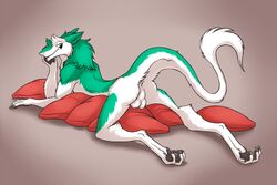 2017 anthro anus ass backsack balls blue_eyes claws excidium fur green_fur green_hair hair half-closed_eyes long_hair male male_only nude pawpads pillow presenting presenting_hindquarters raised_tail sergal solo toe_claws white_fur zetsin