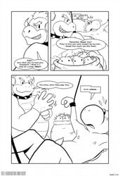 anthro anthrofied begging black_and_white blush bowser collar comic dialogue duo english_text erection flying_sweatdrops fuzzy_(yoshi's_island) gloves koopa line_art male mario_(series) monochrome muskie naughty_face nintendo nipples nude penis scalie smile smirk speech_bubble spiked_collar spikes super_mario_bros. sweat sweatdrop text tolok wide_eyed yaoi yoshi yoshi's_island