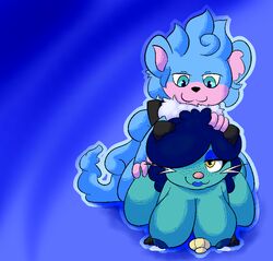 1boy 1girls 2017 all_fours alternate_color anthro areola big_breasts blue_fur breasts dewott doggy_style duo eyeshadow female freckles from_behind_position fur furry hair interspecies lactation lipstick makeup male mammal milk monkey nintendo nipples nude original_character pokemon pokemon_(species) pokemon_bw primate puffdraws puffy_(character) sex simisear simple_background video_games