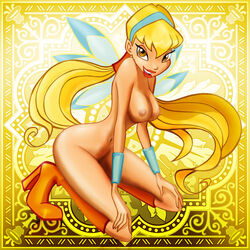 1girls accurate_art_style artist_request ass background blonde_hair boots breasts charmix cleavage eyeshadow fairy fairy_wings female hands_on_knees high_heel_boots high_heels lipstick long_hair looking_at_viewer makeup mascara naked_footwear naked_heels nude rainbow_(animation_studio) solo stella_(winx_club) thin_waist wings winx_club