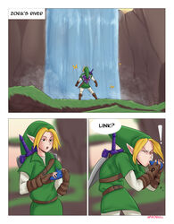 1boy a_riverside_reunion_(comic) afrobull blonde_hair comic instrument link link_(ocarina_of_time) nintendo ocarina ocarina_of_time speech_bubble text the_legend_of_zelda