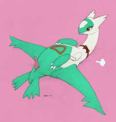 1girls 2016 alternate_color anus belly big_clitoris claws clitoris ecmajor edit erect_clitoris feral furry green_fur half-closed_eyes hi_res latias legendary_pokemon lying male nintendo nude on_back penis pink_background pokemon pokemon_(species) pokemon_rse pomf pussy red_eyes ribbon ribbons shiny_pokemon signature smile solo text video_games white_fur wings