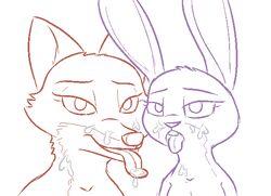 2017 2girls after_sex anthro buckteeth canine cum cum_on_face disney duo eye_contact female fox furry half-closed_eyes judy_hopps lagomorph looking_at_viewer mammal monochrome mrs._wilde nude open_mouth orange_and_white partially_colored purple_and_white rabbit restricted_palette rough_sketch simple_background sketch smile teeth tggeko tongue tongue_out white_background zootopia