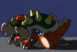 blush bowser dildo ethan_bailey_(artist) horn male_only mario_(series) nintendo open_mouth orange_hair paper_mario sex_toy sharp_teeth shell solo spikes teeth