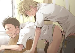 2boys anal ass_juice blonde_hair blush bottomless brown_hair classroom clenched_teeth cum desk drooling erection male_focus multiple_boys penetration penis piercing saliva school school_uniform sex shima_kyousuke sweat thrusting wince yaoi