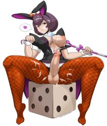 1futa absurdres ace_attorney animal_ears areola balls big_breasts bonny_de_famme breasts bunny_ears bunnygirl bunnysuit censored cleavage cum cum_on_body cum_on_breasts cum_on_hair cum_on_upper_body erection fishnet_pantyhose futa_only futanari gyakuten_saiban highres intersex large_breasts looking_at_viewer nipples pantyhose penis purple_hair safurantora solo spread_legs testicles transparent_background voluptuous wrist_cuffs