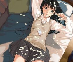 amagami ayatsuji_tsukasa bed black_hair bukkake cable clothed cum cum_on_body cum_on_clothes cum_on_hair digital_media_player facial female jpeg_artifacts long_hair lying solo surprise