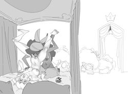 2girls bed bedroom c-smut-run captain_syrup cunnilingus dark-skinned_female dark_nipples dark_skin erect_nipples female female_focus greyscale indoors interracial light-skinned_female light_skin mario_(series) monochrome multiple_girls nintendo on_back on_bed princess_peach sketch tagme wario_land yuri