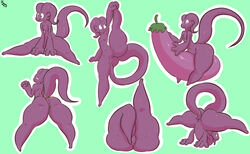 alien ambiguous_gender anus ass back big_ass eggplant feet flexible food fruit green_background half-closed_eyes immortalstar leg_grab legs_up looking_at_viewer looking_back looking_up nimit nude on_top original_character purple_body simple_background sitting smile solo splits spread_legs tail thick_thighs upside-down upside-down_splits vertical_splits white_border white_outline wide_hips