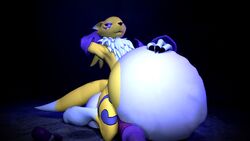 3d 99ultra ambiguous_gender anthro balls belly canine digimon garry's_mod garrysmod hand_on_stomach hat hyper hyper_belly looking_down male male/ambiguous mammal model multiple_prey oral_vore overweight penis post post_vore pudge relaxing renamon simple_background soft soft_vore solo stomach_bulge vore