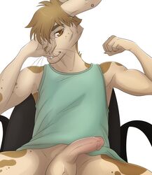 balls bottomless brown_eyes brown_fur clothed clothing fur ikazu jyu lagomorph looking_at_viewer male male_only mammal penis piercing pinup pose rabbit ringingbell shirt solo spots tank_top twink whiskers