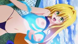 bikini blonde_hair blush breast_grab breasts green_eyes large_breasts long_hair megane nipples open_mouth tearju_lunatique to_love-ru