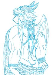 anthro ass azazel_(tokyo_afterschool_summoners) caprine clothed clothing goat looking_at_viewer male male_only mammal moku_nameko monochrome pants_down partially_clothed simple_background solo tokyo_afterschool_summoners white_background