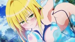 blonde_hair blush breast_grab breasts green_eyes large_breasts long_hair megane nipples tearju_lunatique to_love-ru water