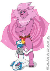 2boys anthro anthrofied athletic barefoot big_dom_small_sub body_hair bulge cartoon_network clothing crest crossed_arms duo facial_piercing feline fishnet flaccid flower front_view gay happy_trail jockstrap kneeling lion lion_(steven_universe) lunarkin male male_only mammal mostly_nude nose_piercing nose_ring nuzzling open_mouth penis penis_outline piercing plant plantigrade rose samaraka septum_piercing signature size_difference standing steven_universe testicles underwear unimpressed worship yaoi