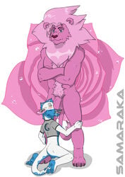 2boys anthro anthrofied athletic ball_sniffing barefoot big_dom_small_sub blush body_hair cartoon_network crest crossed_arms dripping duo erection facial_piercing feline fishnet flaccid flower front_view gay happy_trail humanoid_penis kneeling lion lion_(steven_universe) lunarkin male male_only mammal mostly_nude nose_piercing nose_ring nuzzling open_mouth partially_retracted_foreskin penis piercing plant plantigrade precum rose samaraka septum_piercing signature size_difference standing steven_universe testicles uncut unimpressed vein veiny_penis worship yaoi