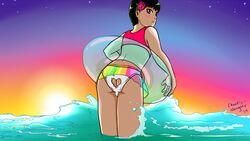 1boy 2017 artist_signature ass_cutout bikini black_hair blush chaoticnaughty femboy flower_in_hair from_behind girly heart_cutout looking_at_viewer looking_over_shoulder male male_only pool_ring red_eyes sissy solo sunset swimsuit