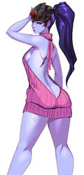 ass_cleavage blue_hair blue_skin butt_crack ear_studs female from_behind head_mounted_display kyoffie looking_at_viewer looking_back overwatch ponytail solo sweater tied_hair virgin_killer_sweater white_background widowmaker yellow_eyes