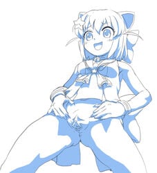 anus bottomless calpara clitoral_hood clitoris etotama female female hairbow kneeling monochrome navel nyaa-tan open_mouth pussy smile solo spread_pussy star_hair_ornament uncensored urethra