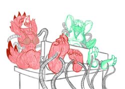 anthro barefoot bird bondage deamondante duo feet female femsub multiple_subs reptile selective_color sketch soles stocks tickling