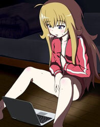 ahoge bed blonde_hair blush body_blush breasts breath clothing collarbone computer female gabriel_dropout grabbing_own_breast hair_between_eyes jacket laptop long_hair long_sleeves marugen masturbation on_floor open_clothes open_jacket open_mouth purple_eyes self_fondle sitting solo sweat tenma_gabriel_white track_jacket very_long_hair wooden_floor