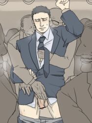 bara blush closed_eyes evil_grin male necktie penis public suit sweat team testicles undressing yaoi