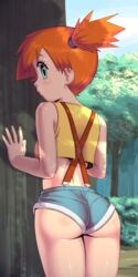 1girls against_tree apostle ass back bangs bare_shoulders blue_sky blush bubble_butt cloud cloudy_sky crop_top denim denim_shorts female female_only forest from_behind green_eyes highres hot_pants human human_only kasumi_(pokemon) looking_at_viewer looking_back midriff nature nintendo orange_hair outdoors pale_skin pokemon pokemon_(anime) ponytail profile red_hair revealing_clothes shiny shiny_skin shirt short_hair short_ponytail short_shorts shorts side_ponytail sky sleeveless sleeveless_shirt small_breasts solo suspenders tank_top tied_hair tomboy tree wide_ponytail yellow_shirt