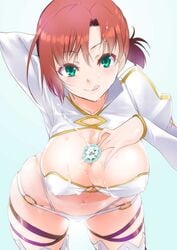 arm_behind_head boudica_(fate) breasts cleavage cum cum_on_body cum_on_breasts cum_on_upper_body deep_skin erect_nipples facial fate/grand_order fate_(series) female grabbing_own_breast green_eyes large_breasts leaning_forward looking_at_viewer navel o-ring_bottom red_hair shinama short_hair simple_background skindentation smile solo thighhighs thighs