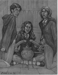 1girls 2boys bobby_luv cauldron erection female glasses greyscale gryffindor gryffindor_tie harry_james_potter harry_potter hermione_granger hogwarts_robe kettle monochrome penis robe ron_weasley straight witch_(harry_potter)