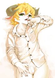 anthro balls blonde_hair caprine clothing fur green_eyes hair horn kemoisumi kemono looking_at_viewer male mammal open_mouth penis seductive shirt simple_background solo tongue tongue_out white_fur young