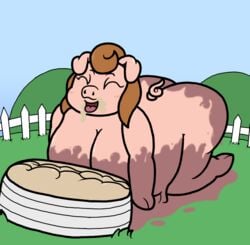 2017 anthro belly big_belly big_breasts blush breasts dirty farm feeding female food hair mammal mr.under mud nude open_mouth outside overweight pig porcine smile solo weight_gain