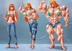 bikini_top bracelet extreme_muscles female female_only flexing huge_breasts long_hair muscular_female nami one_piece open_toe_shoes orange_hair pants pegius staff torn_clothes veiny_muscles