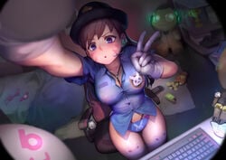 1girls absurdres alternate_costume areolae blizzard_entertainment breasts cleavage computer d.va female female_only gloves gorgeous_mushroom highres looking_at_viewer no_bra overwatch panties police_officer_d.va selfie solo v