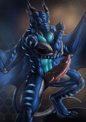 2017 android anthro dragon flexing hyper hyper_penis knot looking_at_viewer machine male male_only muscular muscular_male nude pattern_background penis precum rakisha robot scalie simple_background solo tichar western_dragon