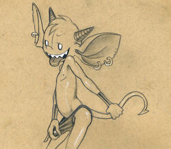 barely_contained big_ears clothing erection greyscale holding_tail horn imp looking_at_viewer male male_only monochrome nipples pencil_(artwork) pinup pose sharp_teeth side_view slim solo spade_tail standing teasing teeth tenting thong tongue tongue_out traditional_media_(artwork) tush tush_(character)