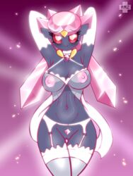 abstract_background anthro anthrofied areolae armpits arms_above_head arms_up babydoll belly big_areola big_breasts big_eyes blush breasts clothed clothing diamond_(gem) diancie elbow_gloves english_text eyebrows eyelashes fairy female front_view garter_belt garter_straps gem gloves gold_(metal) gradient_background grey_skin hands_behind_head happy inviting legendary_pokemon legs_together legwear looking_at_viewer mostly_nude nintendo nipples no_underwear pink_background pink_eyes pink_nipples pinup pointy_ears pokemon pokemon_xy pose pubic_hair purple_background pussy raised_eyebrows razplus red_sclera see-through shaded shadow shiny signature simple_background smile solo standing stockings stylized_pubes text thigh_gap thighhighs video_games