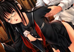 1boy ano_hito black_hair book bra bra_lift breast_outside female from_behind glasses library long_hair nipples pleated_skirt school_uniform sex shelf skirt skirt_lift underwear