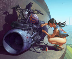 1girls aircraft ass biker biker_girl black_hair bottomless breasts clothing cyberpunk feet feline female female_only flip_flops geta jacket legs mechanic motorcycle open_toe_shoes original outdoors ponytail profile sandals sideboob sky solo squatting stahlberg steven_stahlberg tattoo thighs tied_hair wind witch wooden_sandals