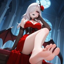 1girls ai_generated barefoot bat_wings black_eyebrows black_eyeshadow black_lips black_nails black_toenails carmilla_(mobile_legends) castle cleavage clothed clothing corset cute cute_face dress eyeshadow feet female female foot_fetish foot_focus from_below girl gloves hair_on_shoulder hair_ornament hair_over_one_eye indoors light_smile long_gloves long_hair looking_at_viewer mobile_legends mobile_legends:_bang_bang night pale-skinned_female pale_skin pink_soles pixai red_dress red_eyes rose rose_in_hair sfw slim_girl soles solo solo_female solo_focus spread_toes toes toes_spread vampire vampire_girl video_game_character white_hair wings