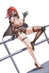 absurdres against_railing black_cape black_skirt blue_eyes breasts cape cleavage female highres large_breasts leotard long_hair mask microskirt mouth_mask nipples qingmingtongzi railing red_hair short_hair simple_background single_thighhigh skirt smile snowbreak:_containment_zone solo tess_kotkin thighhighs waving white_background